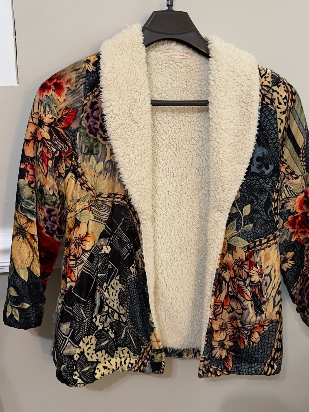 Floral Patchwork Teddy Jacket with Cream Sherpa Collar - Picture 2 of 13